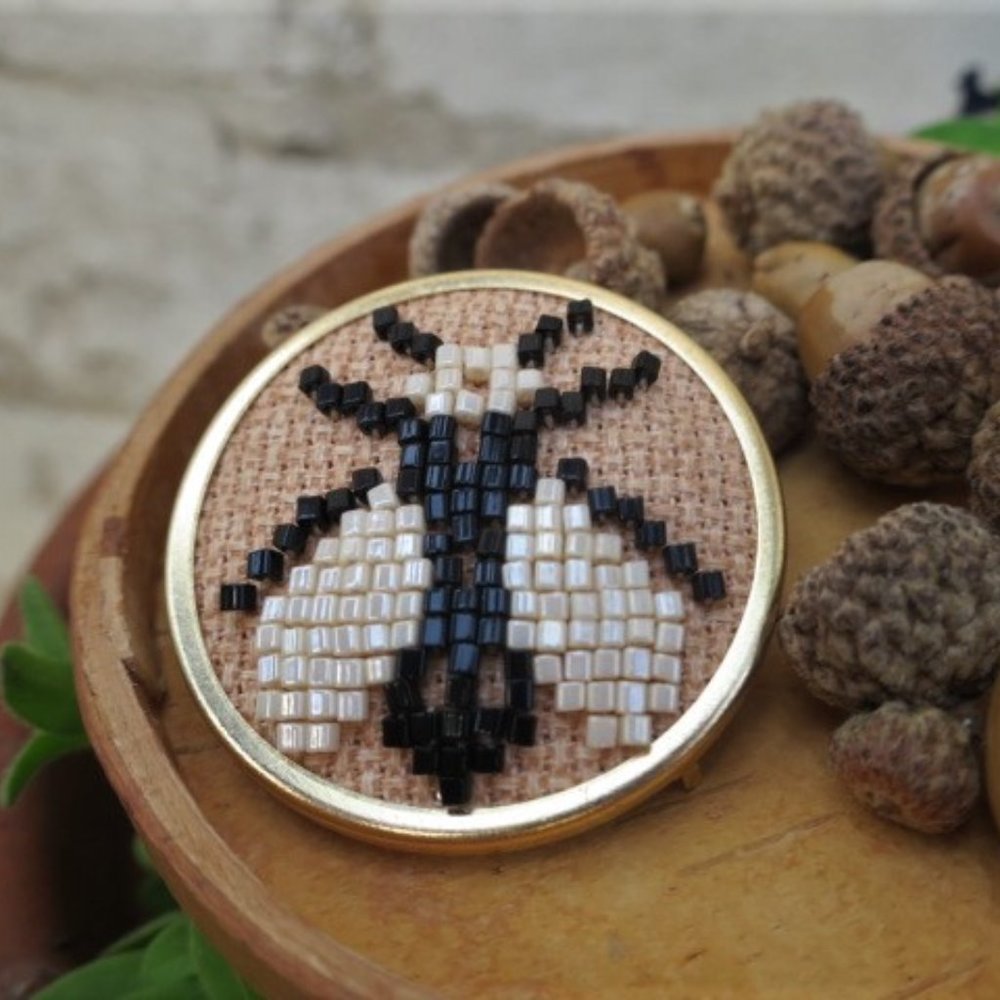 Handmade Bead Embroidered Insect Brooch, Round